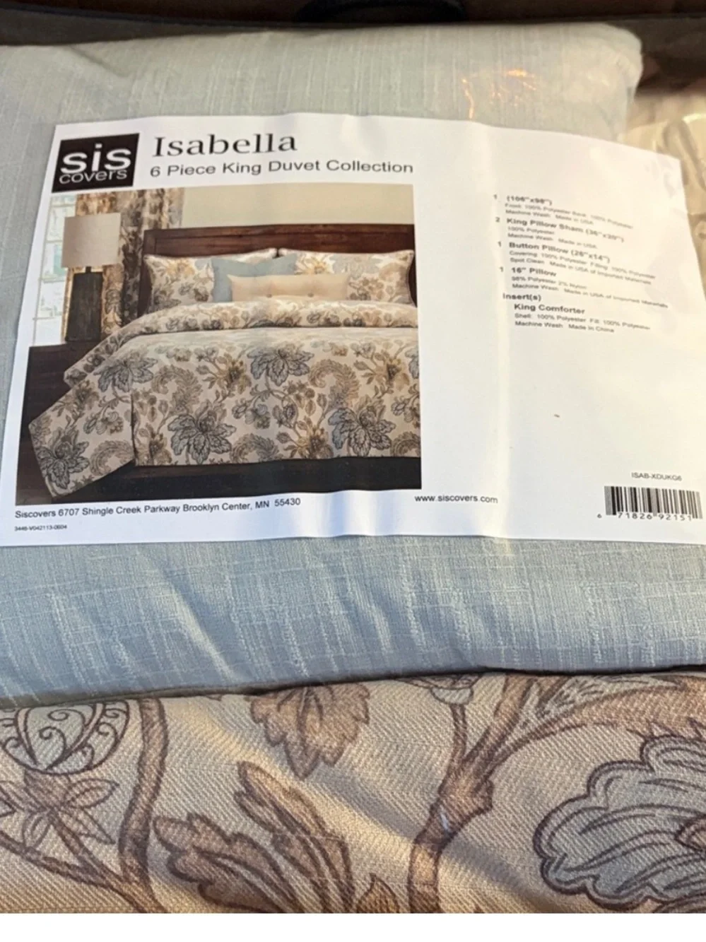 Isabella Natural Floral 6-PC King Luxury Duvet Set - Siscovers NWT